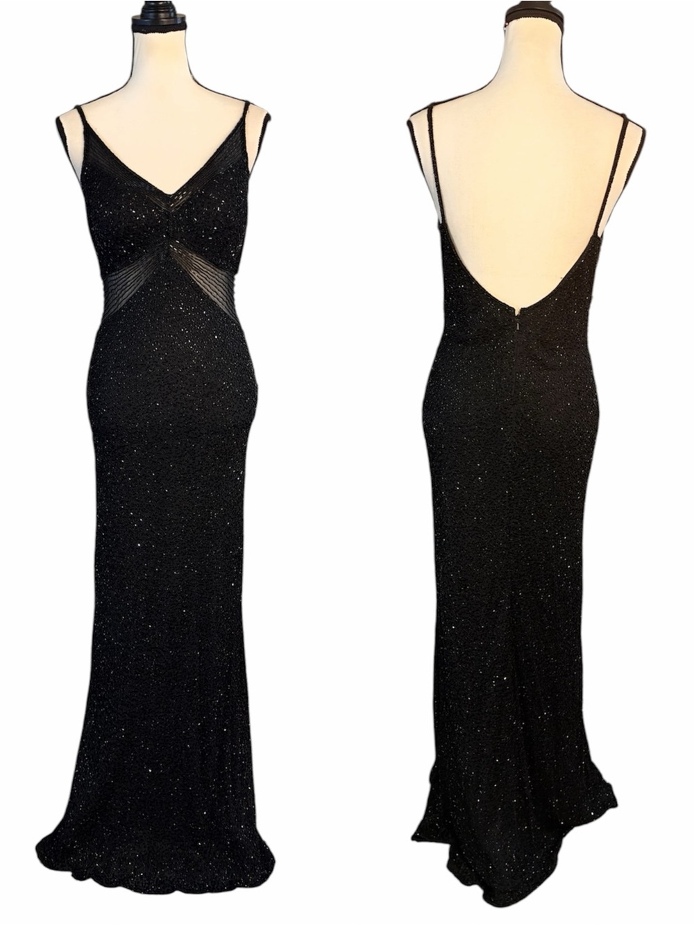 Vintage Scala Black Silk Sparkle Sheer Mesh Beaded Evening Gown Maxi Dress